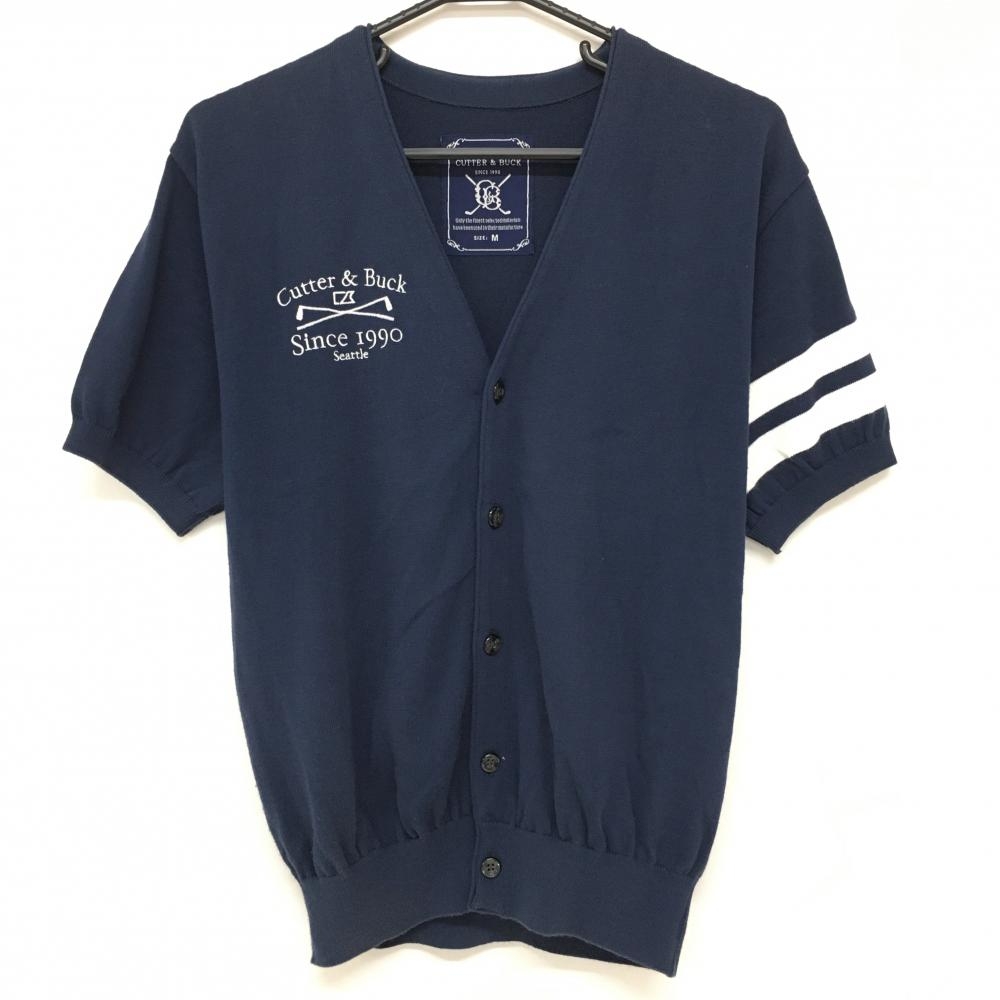 カッターアンドバック 半袖ニットカーディガン ネイビー×白 刺しゅう 日本製 メンズ M ゴルフウェア CUTTER＆BUCK