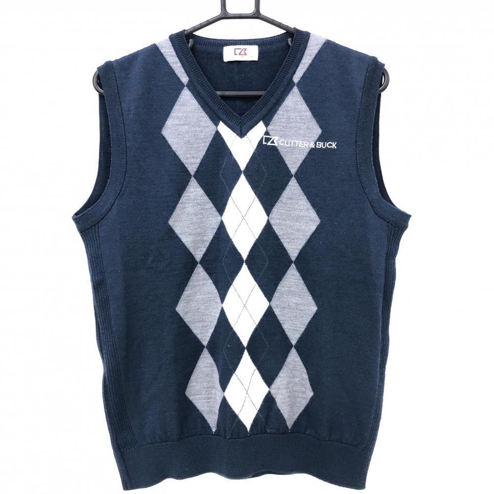 【超美品】カッターアンドバック ニットベスト ネイビー×グレー 一部アーガイル柄 ウール混 Vネック メンズ M ゴルフウェア CUTTER＆BUCK