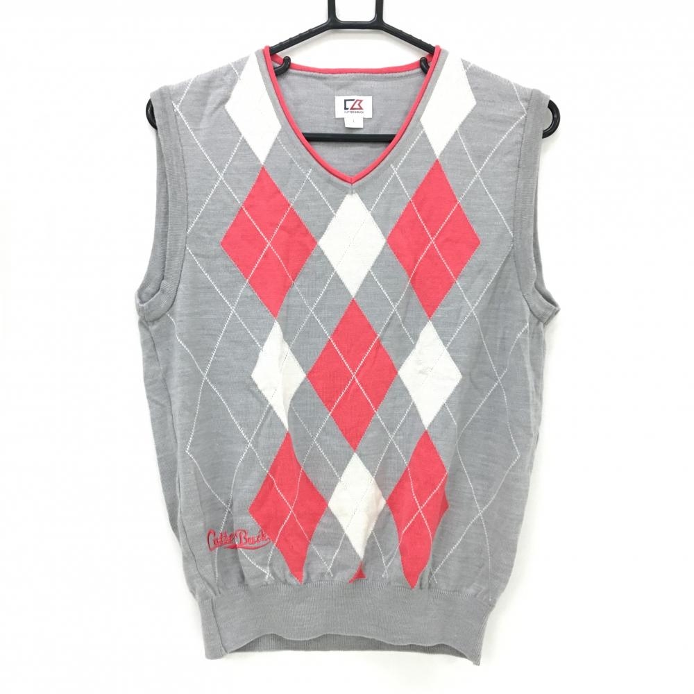 【美品】カッターアンドバック ニットベスト グレー×ピンク アーガイル柄 ウール混  メンズ L ゴルフウェア CUTTER＆BUCK