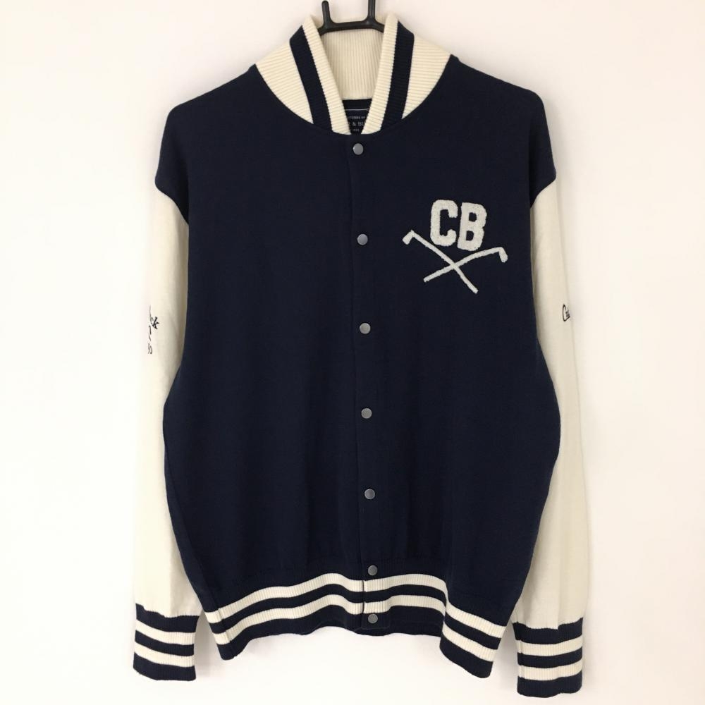 【超美品】カッターアンドバック ニットジャケット ネイビー×白 リブボーダー スナップボタン身幅 メンズ LL ゴルフウェア CUTTER＆BUCK