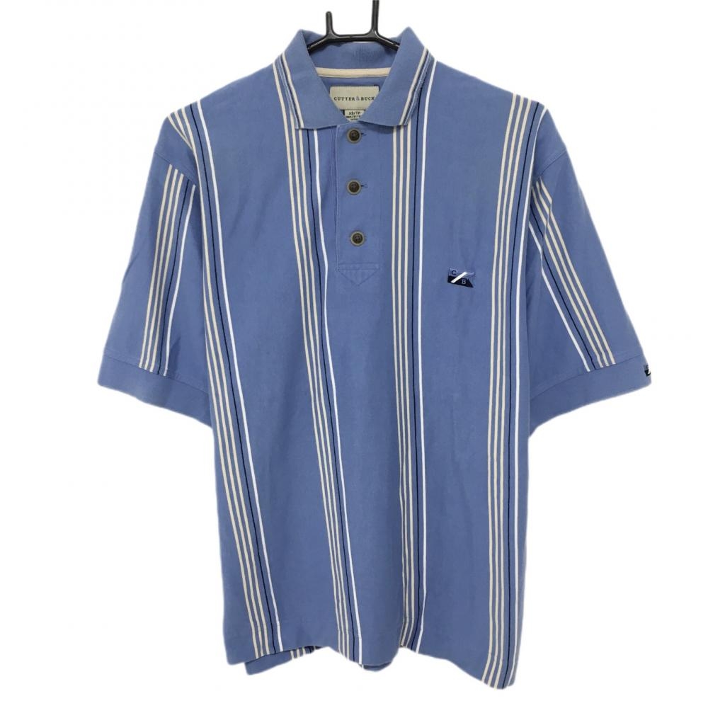 カッターアンドバック 半袖ポロシャツ ブルー×ベージュ ストライプ 綿100％ 総柄 メンズ XS/TP ゴルフウェア CUTTER＆BUCK