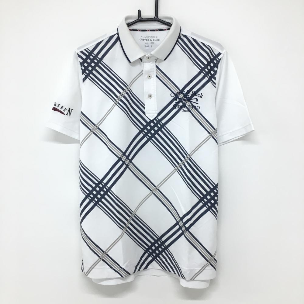 カッターアンドバック 半袖ポロシャツ 白×ネイビー チェック柄  メンズ L ゴルフウェア CUTTER＆BUCK
