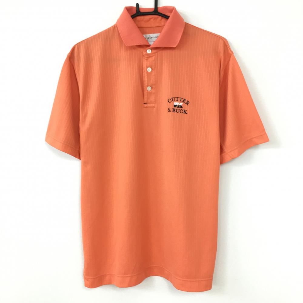 CUTTER＆BUCK カッターアンドバック 半袖ポロシャツ サーモンオレンジ ストライプ織生地  メンズ L ゴルフウェア