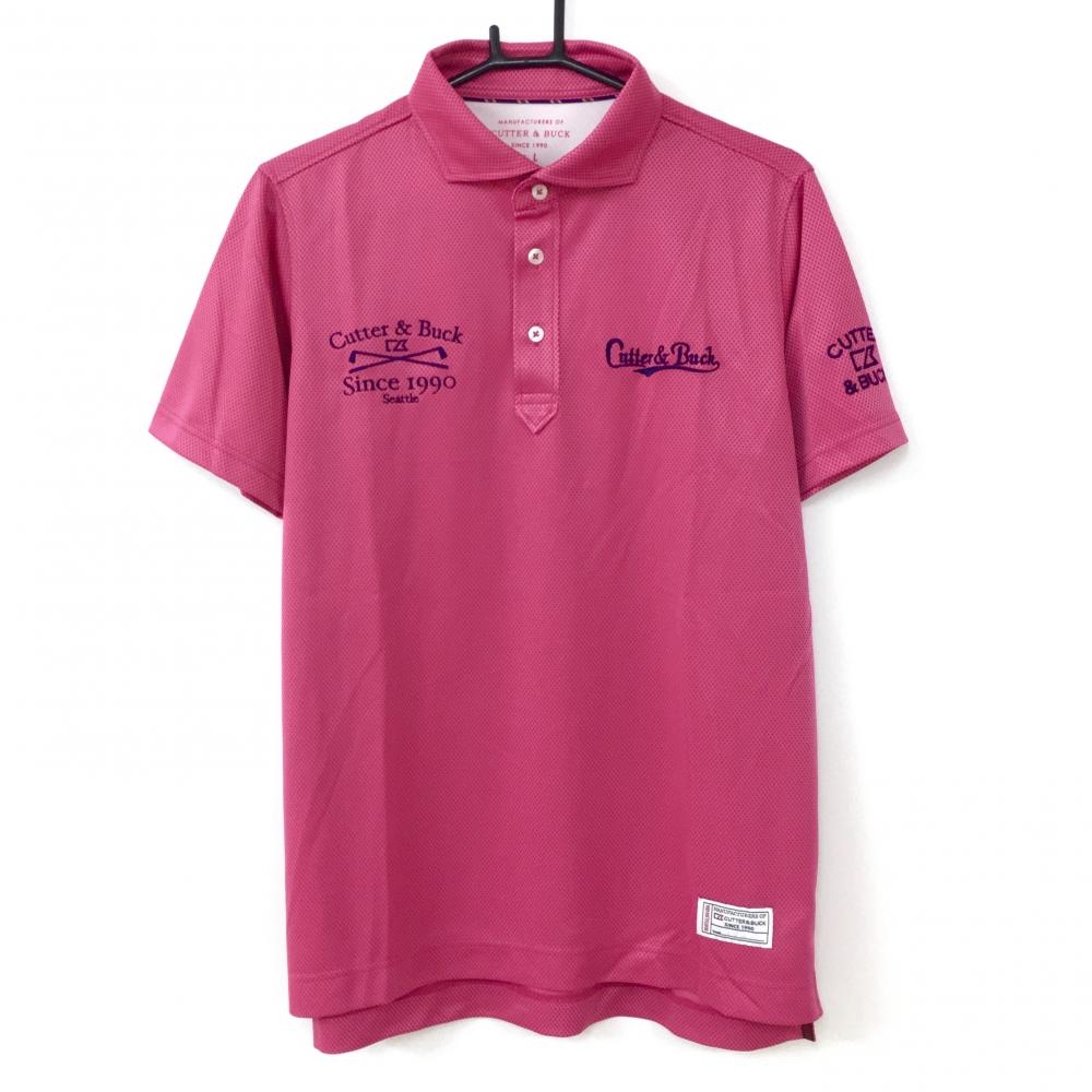 【超美品】CUTTER＆BUCK カッターアンドバック 半袖ポロシャツ ピンク×ネイビー 地模様 メンズ L ゴルフウェア