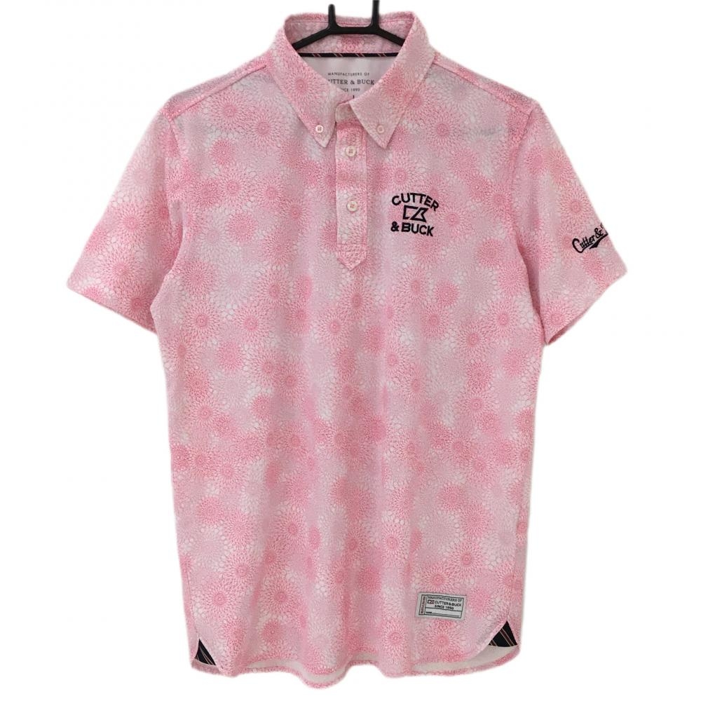 【美品】カッターアンドバック 半袖ポロシャツ ピンク 総柄 花柄 ボタンダウン  メンズ L ゴルフウェア CUTTER＆BUCK