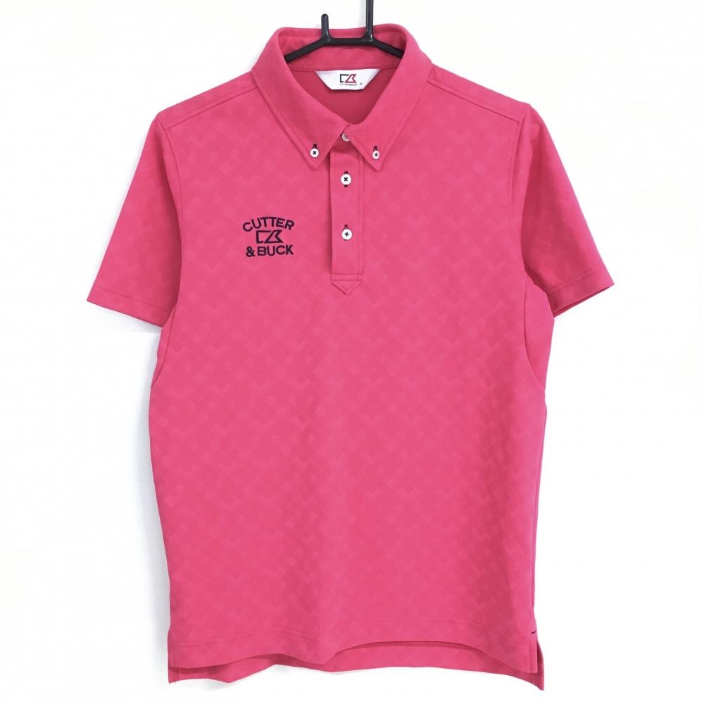 カッターアンドバック 半袖ポロシャツ ピンク 総柄織生地 ボタンダウン メンズ M ゴルフウェア CUTTER＆BUCK