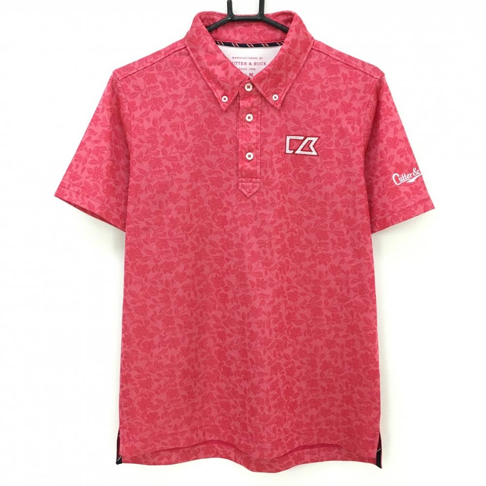 【超美品】カッターアンドバック 半袖ポロシャツ ピンク 花柄地模様 ボタンダウン メンズ M ゴルフウェア CUTTER＆BUCK