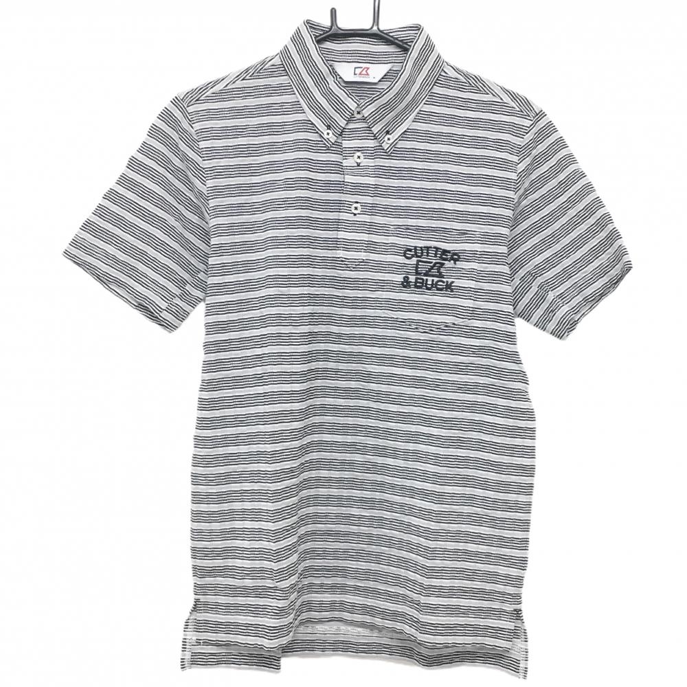 【新品】カッターアンドバック 半袖ポロシャツ ライトグレー×黒×白 ボーダー ボタンダウン メンズ M ゴルフウェア CUTTER＆BUCK