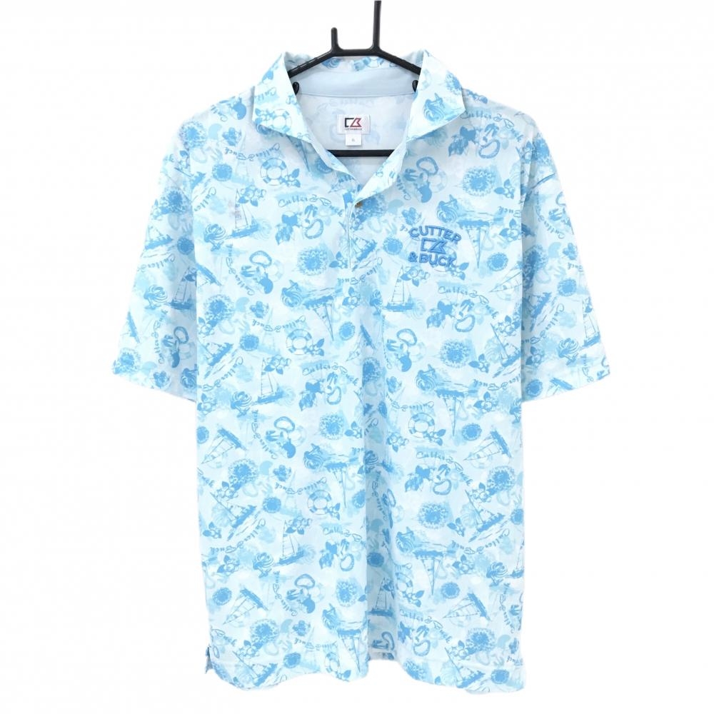 カッターアンドバック 半袖ポロシャツ ライトブルー×ブルー×白 総柄 ヨット 花 メンズ LL ゴルフウェア CUTTER＆BUCK