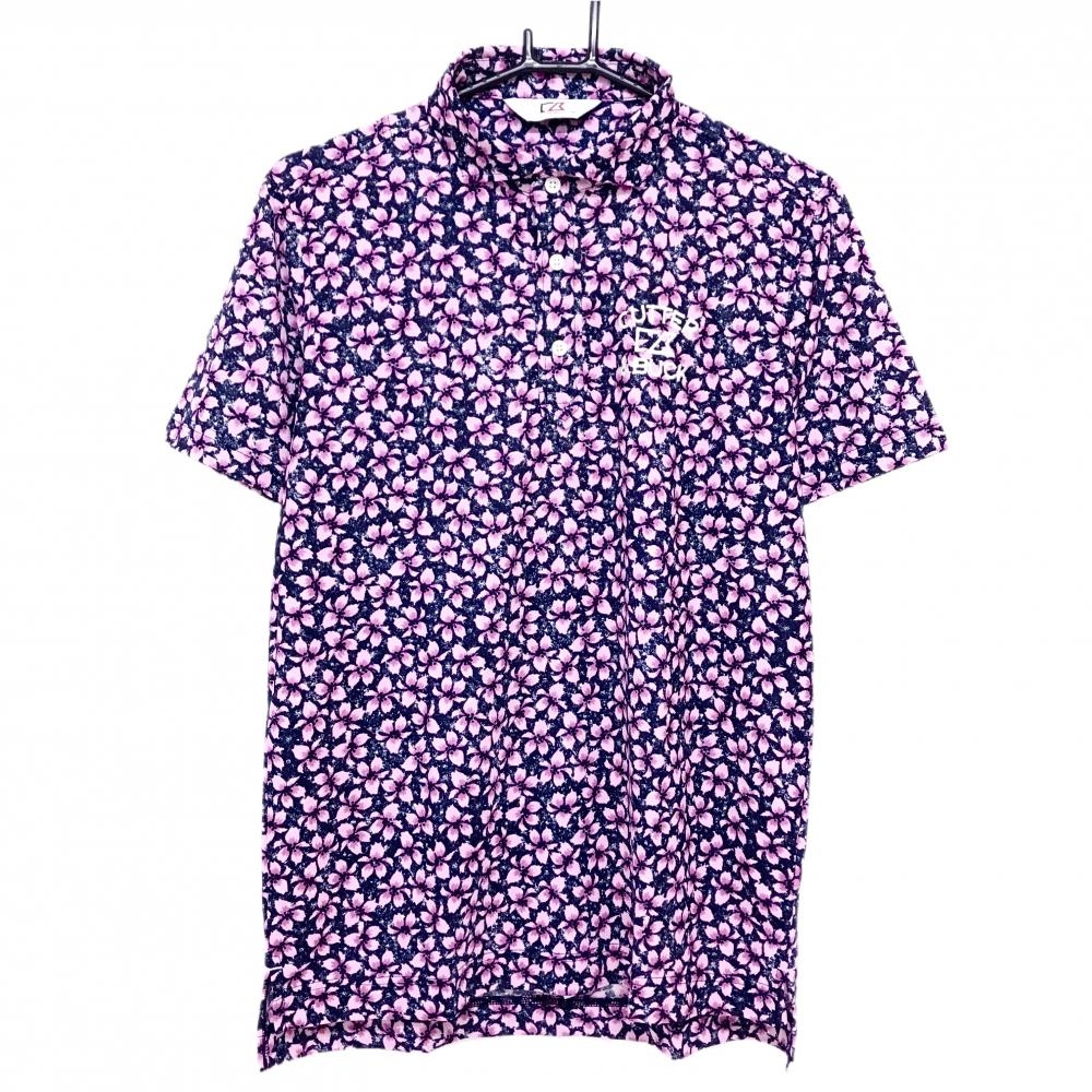 【超美品】カッターアンドバック 半袖ポロシャツ ネイビー×ピンク 花柄  メンズ M ゴルフウェア CUTTER＆BUCK