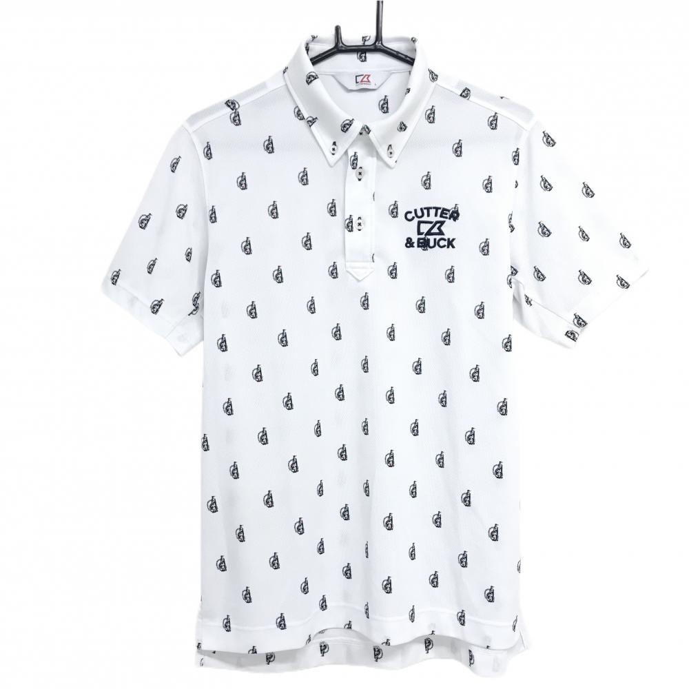 【超美品】カッターアンドバック 半袖ポロシャツ 白×ネイビー キャディバッグ総柄 ボタンダウン メンズ L ゴルフウェア CUTTER＆BUCK