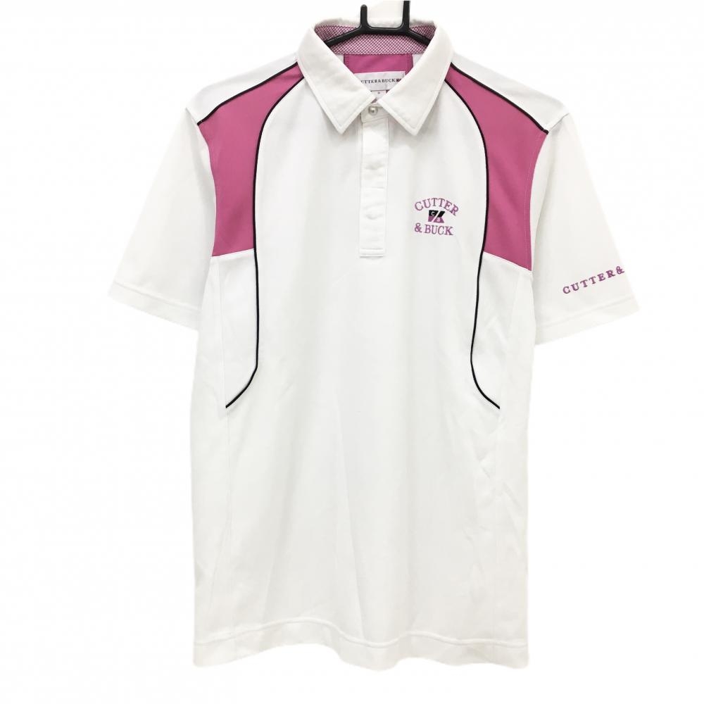 カッターアンドバック 半袖ポロシャツ 白×ピンク ロゴ刺しゅう スナップボタン  メンズ M ゴルフウェア CUTTER＆BUCK