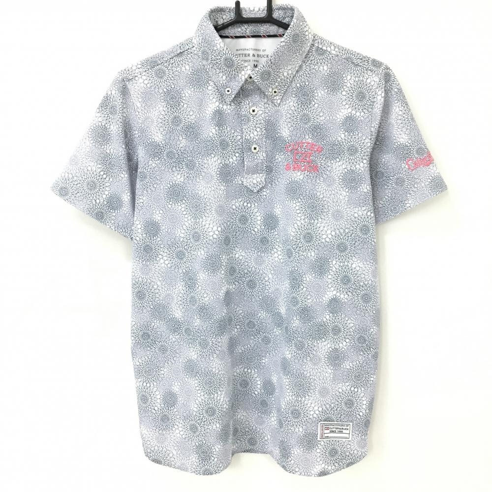 【美品】カッターアンドバック 半袖ポロシャツ 白×ネイビー 総柄 ボタンダウン メンズ M ゴルフウェア CUTTER＆BUCK