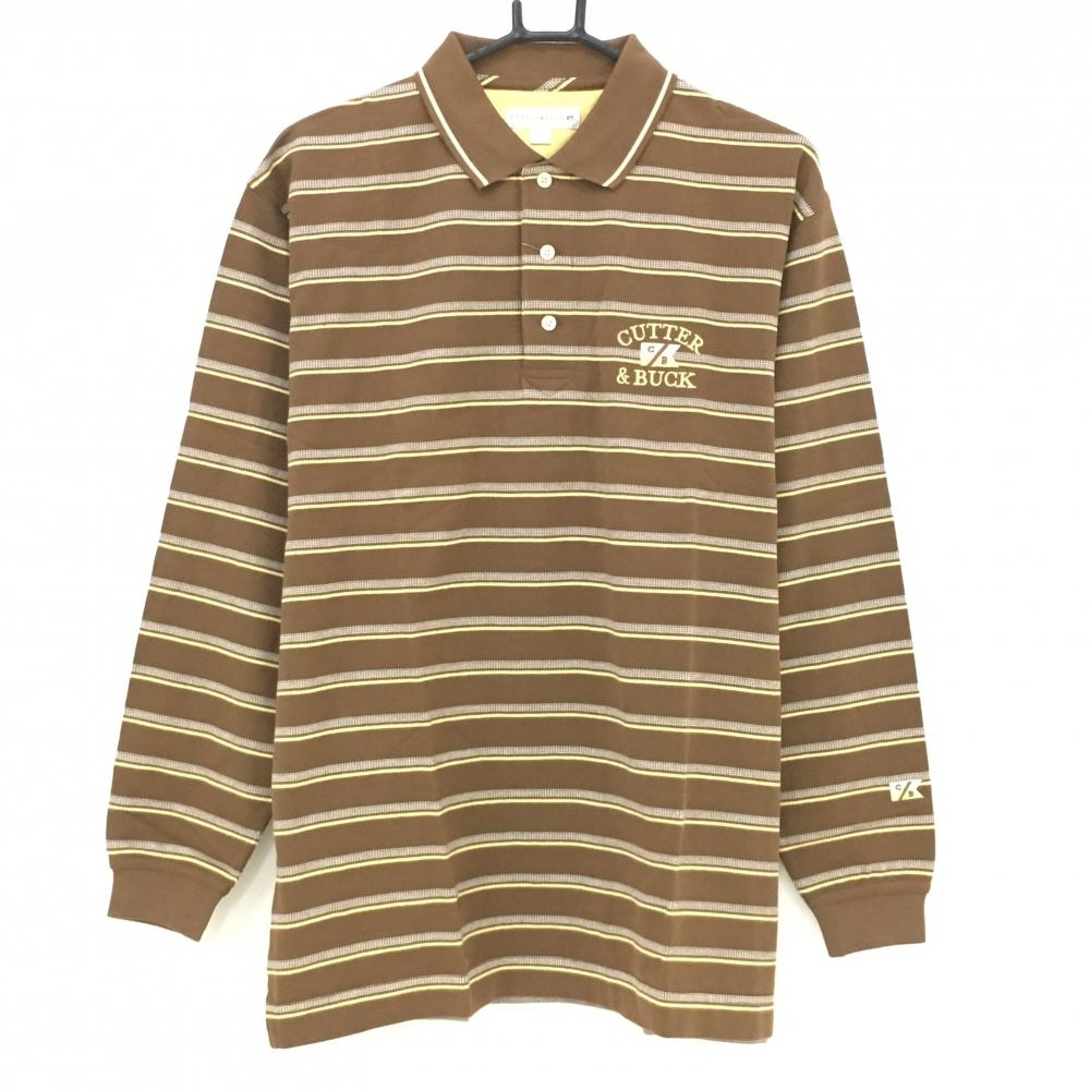 【新品】カッターアンドバック 長袖ポロシャツ ブラウン×イエロー ボーダー  メンズ L ゴルフウェア CUTTER＆BUCK