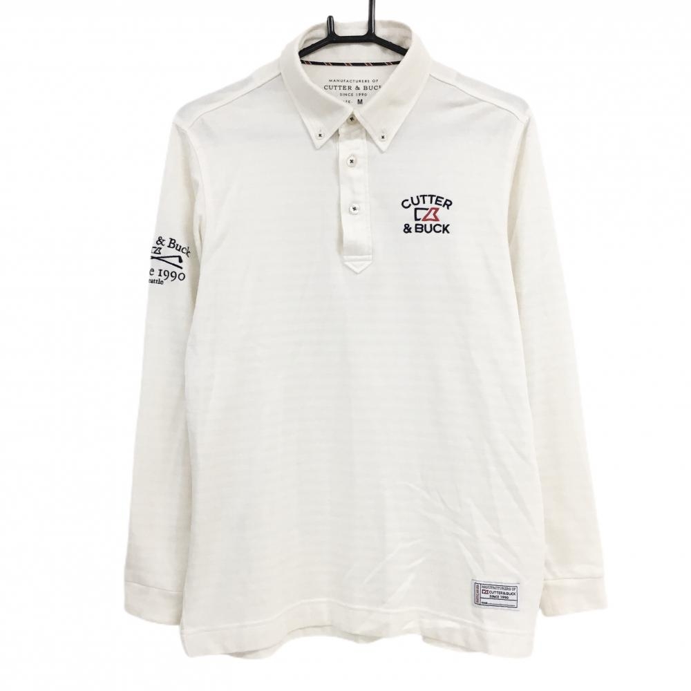 カッターアンドバック 長袖ポロシャツ アイボリー ボーダー織生地 裏微起毛 ボタンダウン メンズ M ゴルフウェア CUTTER＆BUCK