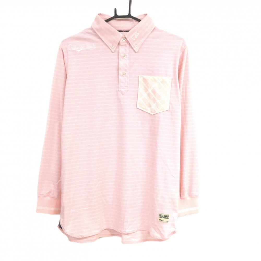 カッターアンドバック 長袖ポロシャツ ピンク×白 ボーダー ロゴ刺しゅう 袖下メッシュ  メンズ M ゴルフウェア CUTTER＆BUCK