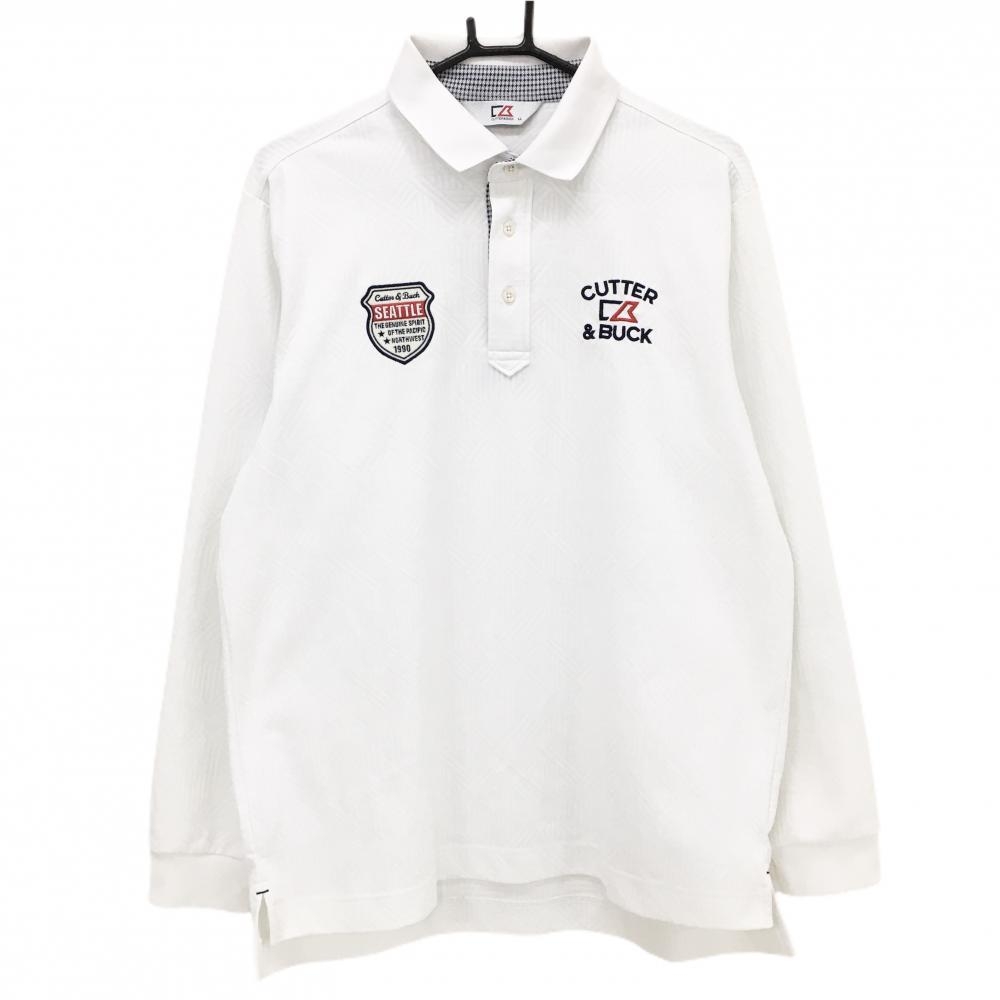 【美品】カッターアンドバック 長袖ポロシャツ 白 総柄地模様 ロゴネイビー メンズ LL ゴルフウェア CUTTER＆BUCK