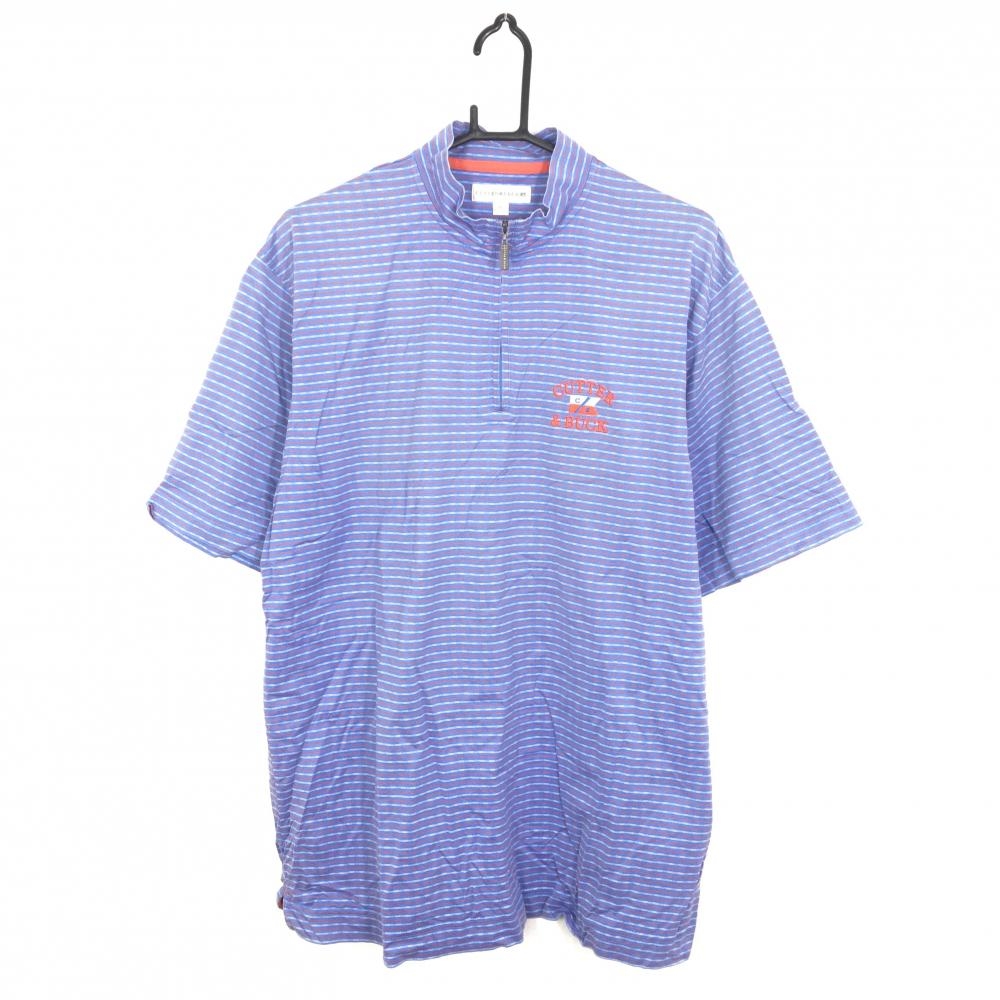 CUTTER&BUCK カッターアンドバック 半袖ハイネックシャツ ライトブルー×オレンジ×白 ボーダー ハーフジップ メンズ  LL ゴルフウェア r2