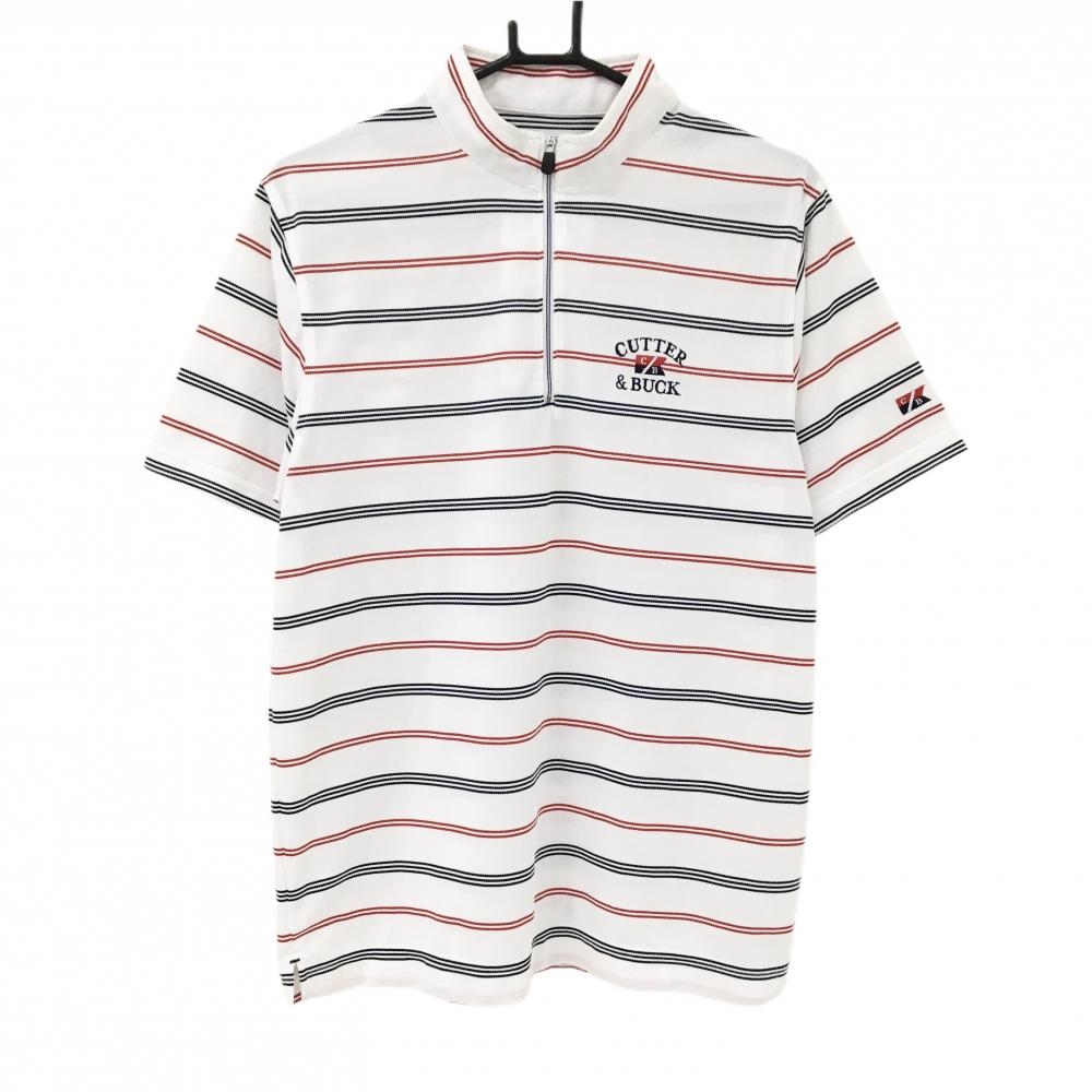 カッターアンドバック 半袖ハイネックシャツ 白×ネイビー×レッド ボーダー ハーフジップ 胸ロゴ メンズ M ゴルフウェア CUTTER＆BUCK