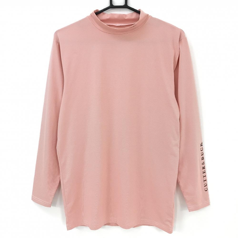 【超美品】カッターアンドバック 長袖ハイネックシャツ オレンジ×白 ボーダー ネックロゴ メンズ M ゴルフウェア CUTTER＆BUCK