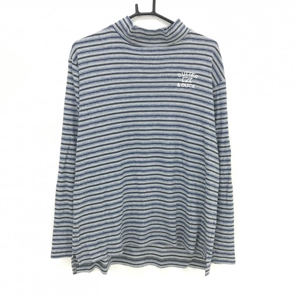 カッターアンドバック 長袖ハイネックシャツ グレー×ネイビー ボーダー 表微起毛  メンズ LL ゴルフウェア CUTTER＆BUCK