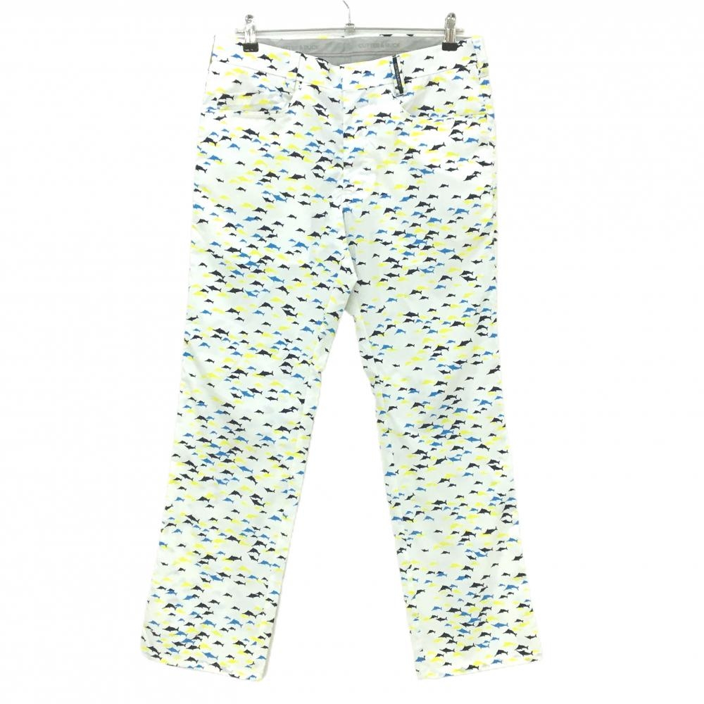 【超美品】カッターアンドバック パンツ 白×イエロー 魚柄  メンズ 82 ゴルフウェア CUTTER＆BUCK