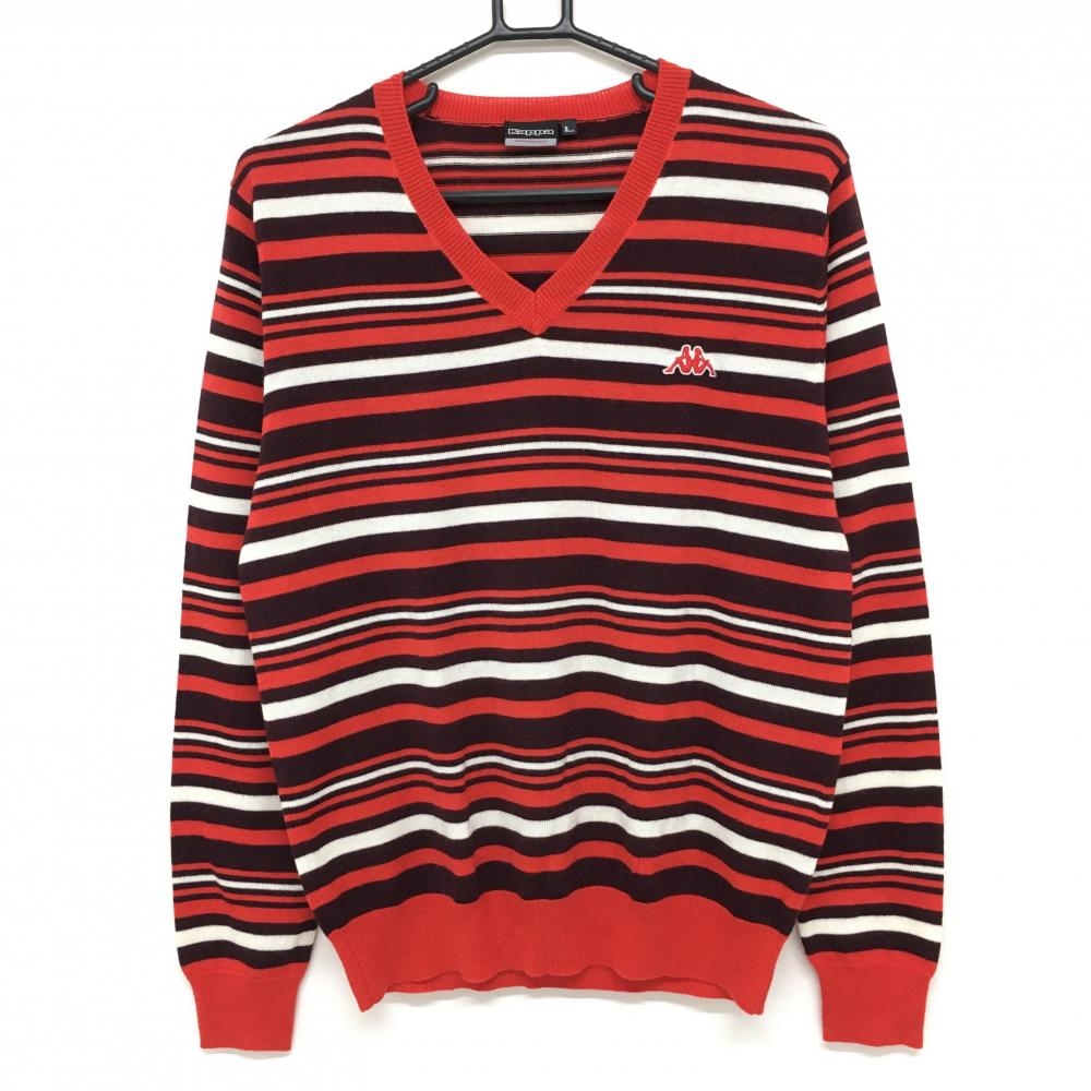 【超美品】カッパ セーター レッド×ボルドー ボーダー Vネック ウール混 ニット メンズ L ゴルフウェア Kappa