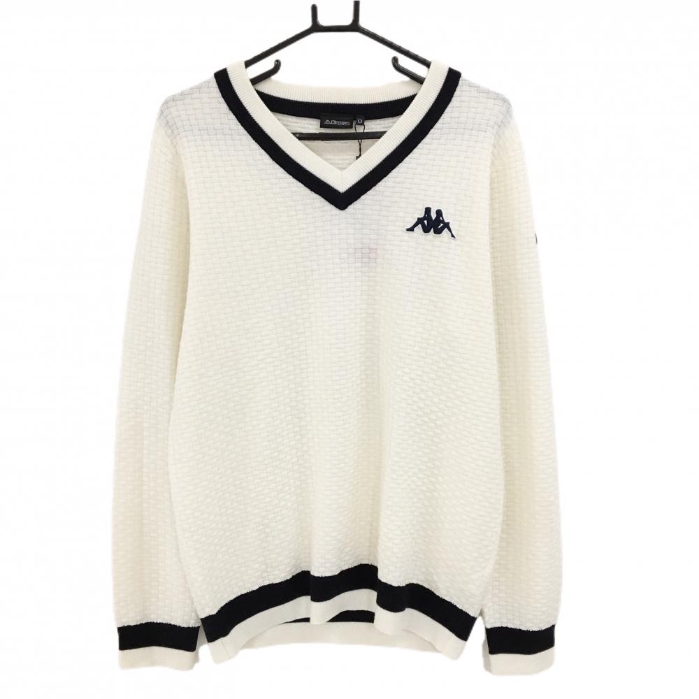 【新品】カッパ セーター アイボリー×ネイビー 凹凸編み ニット 羊毛混 Vネック メンズ O ゴルフウェア Kappa