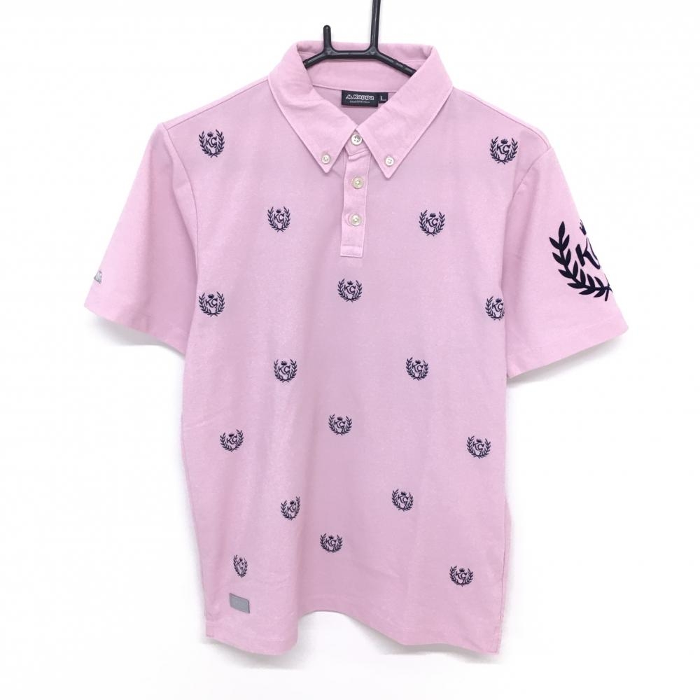 【超美品】カッパ 半袖ポロシャツ ピンク×ネイビー 刺しゅう総柄 ボタンダウン メンズ L ゴルフウェア Kappa