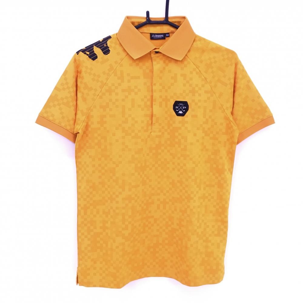 【超美品】カッパ 半袖ポロシャツ オレンジ ブロックチェック調 ビッグロゴプリント メンズ M ゴルフウェア Kappa