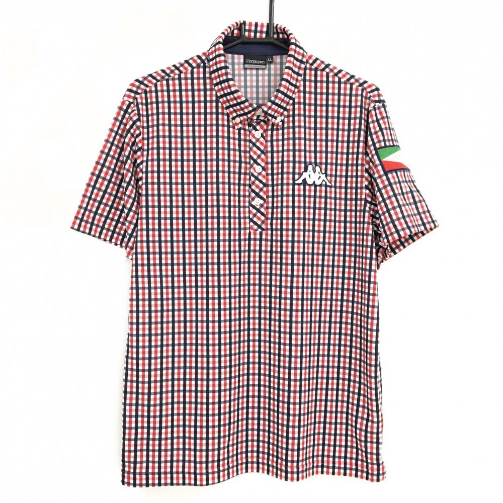【超美品】カッパ 半袖ポロシャツ 白×レッド×ネイビー チェック ボタンダウン  メンズ LL ゴルフウェア Kappa
