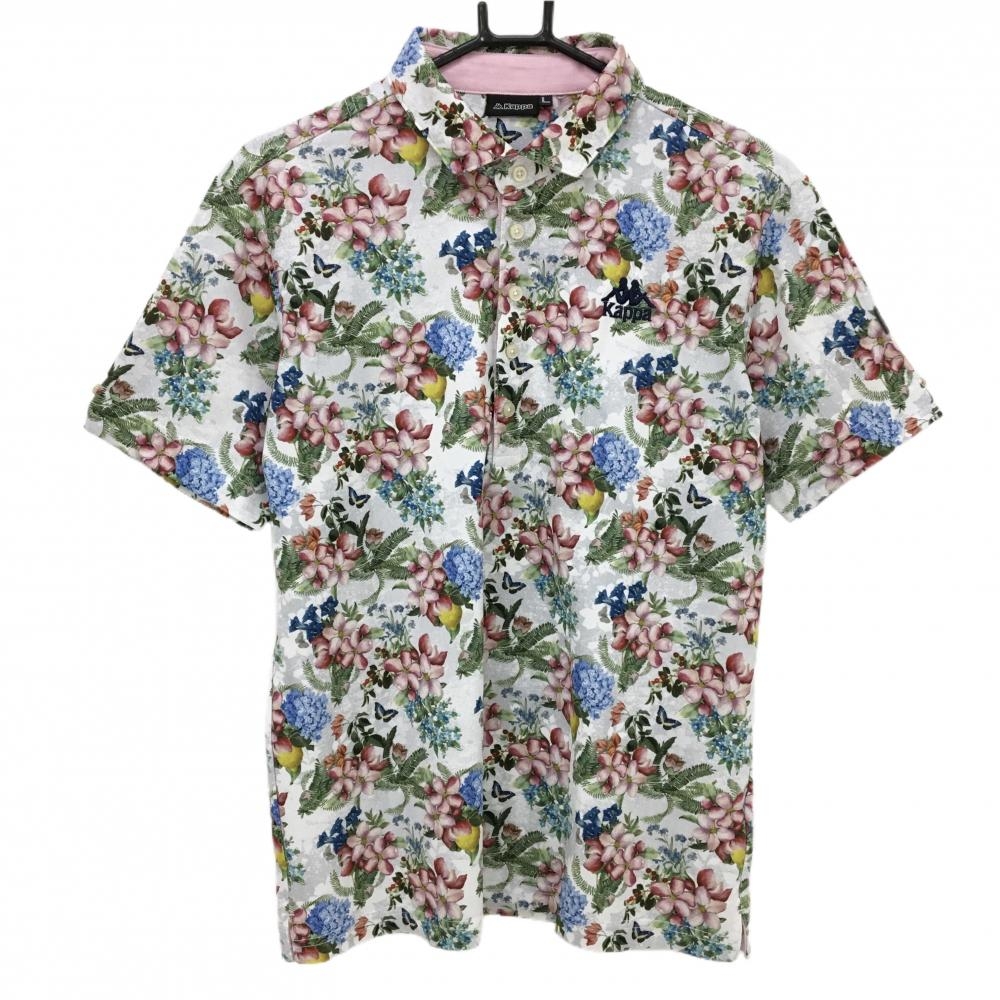 【超美品】カッパ 半袖ポロシャツ ライトグレー×ピンク 花柄  メンズ L ゴルフウェア Kappa