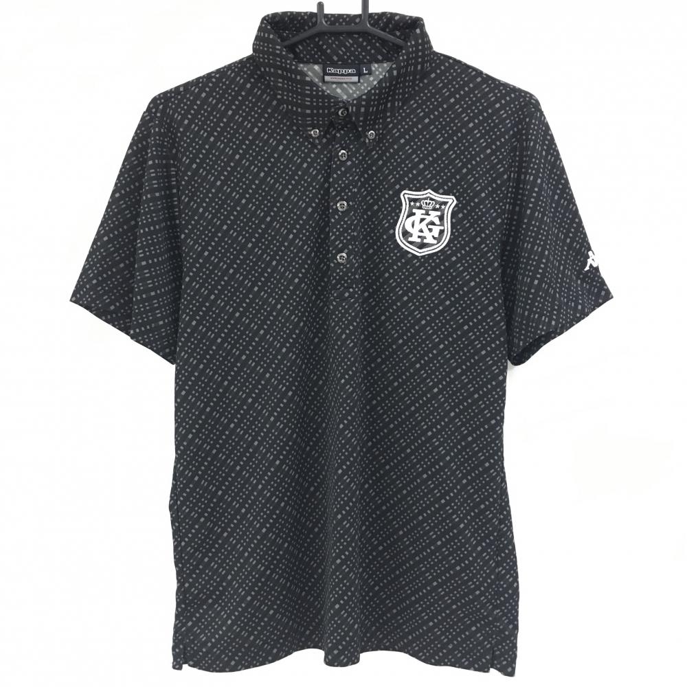 【超美品】カッパ 半袖ポロシャツ 黒×グレー 総柄 袖ロゴ 胸元ワッペン メンズ L ゴルフウェア Kappa