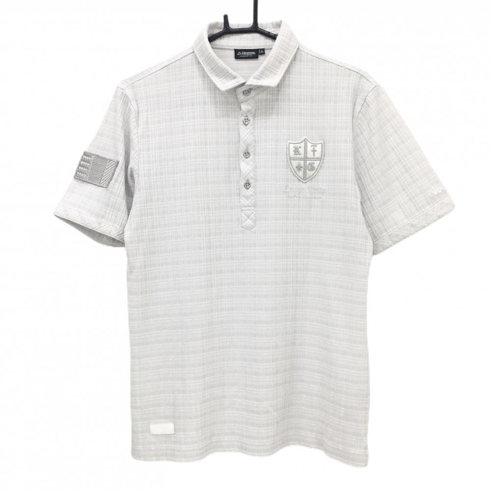 【超美品】カッパ 半袖ポロシャツ ライトグレー×白 チェック 織生地 ワッペン メンズ LL ゴルフウェア Kappa