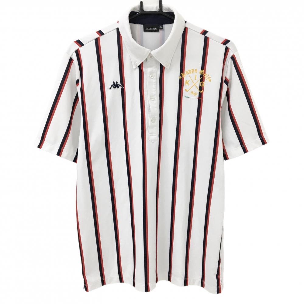 カッパ 半袖ポロシャツ 白×ネイビー×レッド ストライプ ボタンダウン  メンズ XO ゴルフウェア Kappa