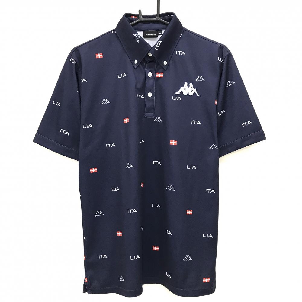 【超美品】カッパ 半袖ポロシャツ ネイビー×白 総柄 ワッペン ボタンダウン  メンズ L ゴルフウェア Kappa