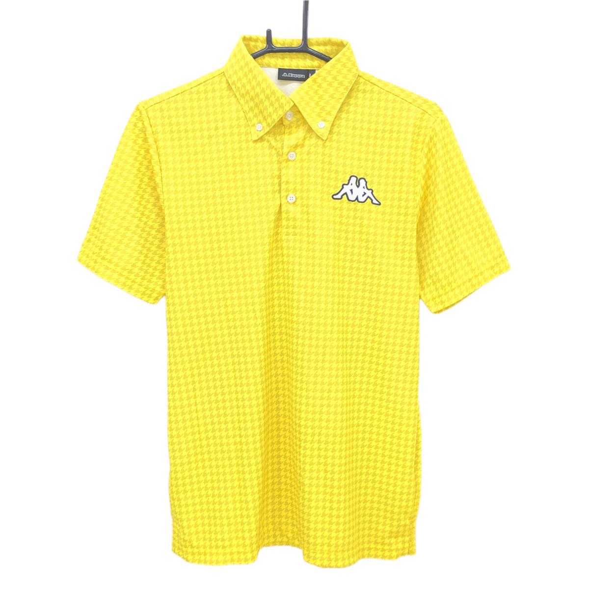 【超美品】カッパ 半袖ポロシャツ イエロー×グレー系 千鳥格子 ボタンダウン ビッグロゴ メンズ L ゴルフウェア Kappa