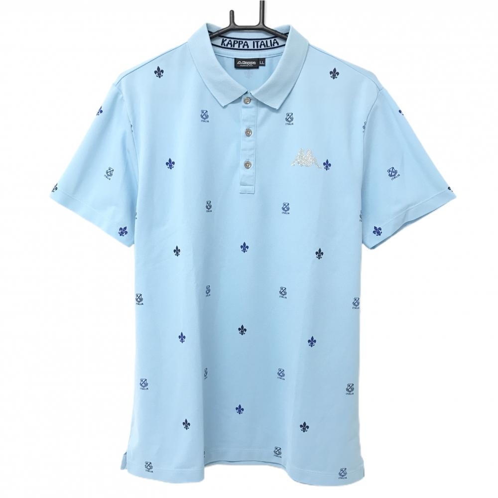 【超美品】カッパ 半袖ポロシャツ ライトブルー×黒×ブルー 総柄 ラインストーンロゴ メンズ LL ゴルフウェア Kappa