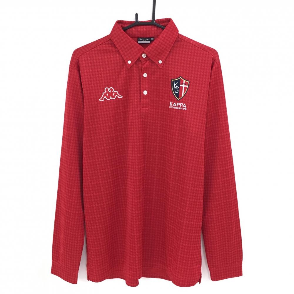 【超美品】カッパ 長袖ポロシャツ レッド 千鳥格子地模様 ボタンダウン  メンズ XO ゴルフウェア 大きいサイズ Kappa
