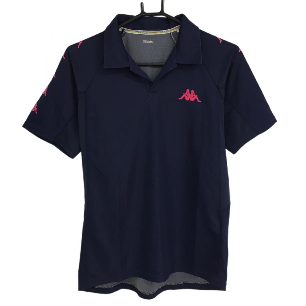 【美品】カッパ 半袖スキッパーシャツ ネイビー×ピンク 肩ロゴプリント メンズ M ゴルフウェア Kappa