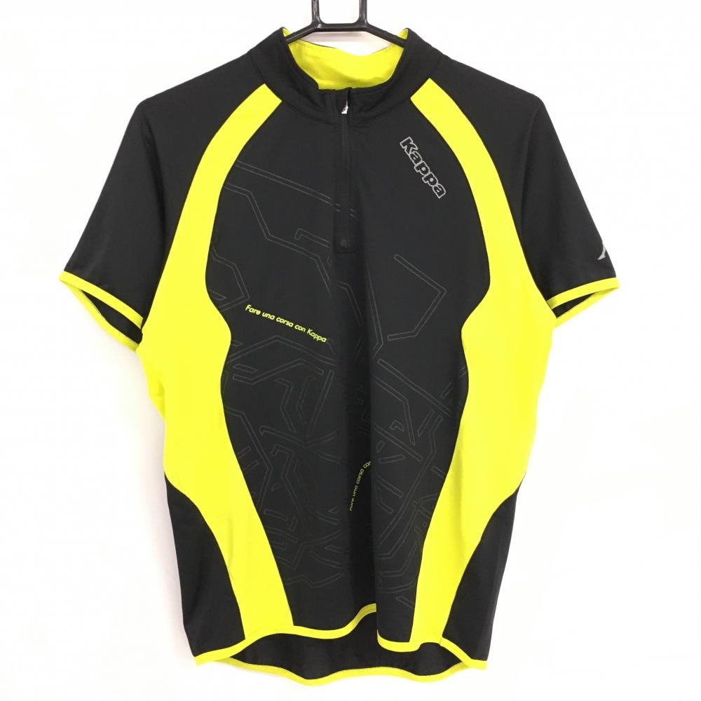 【超美品】カッパ 半袖ハイネックシャツ 黒×イエロー ハーフジップ 前面総柄 メンズ M ゴルフウェア Kappa
