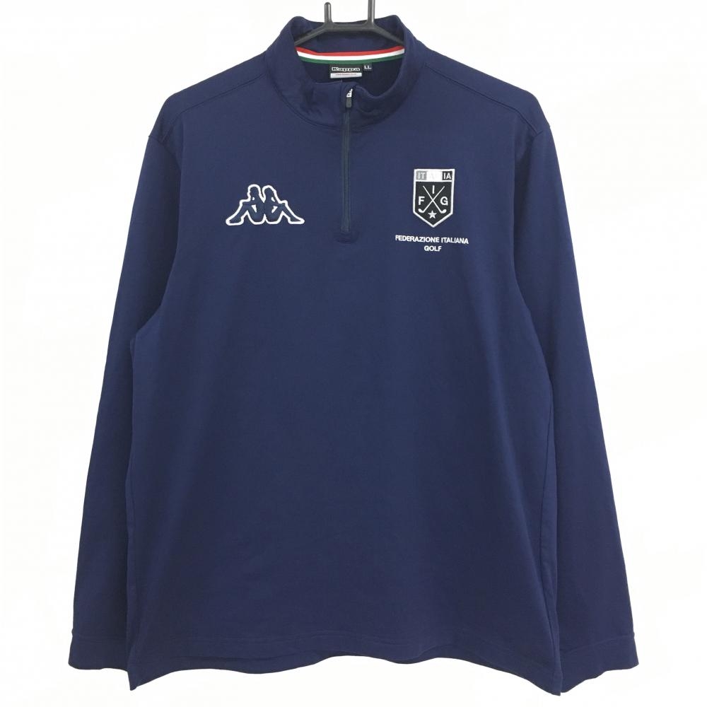 【美品】カッパ 長袖ハイネックシャツ ネイビー×白 ハーフジップ 裏起毛 メンズ LL ゴルフウェア Kappa