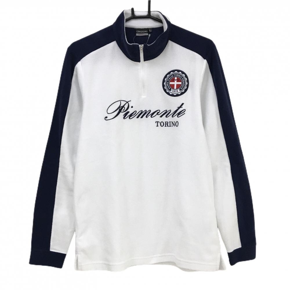 【超美品】カッパ 長袖ハイネックシャツ 白×ネイビー 袖ライン 微起毛 ワッペン メンズ L ゴルフウェア Kappa