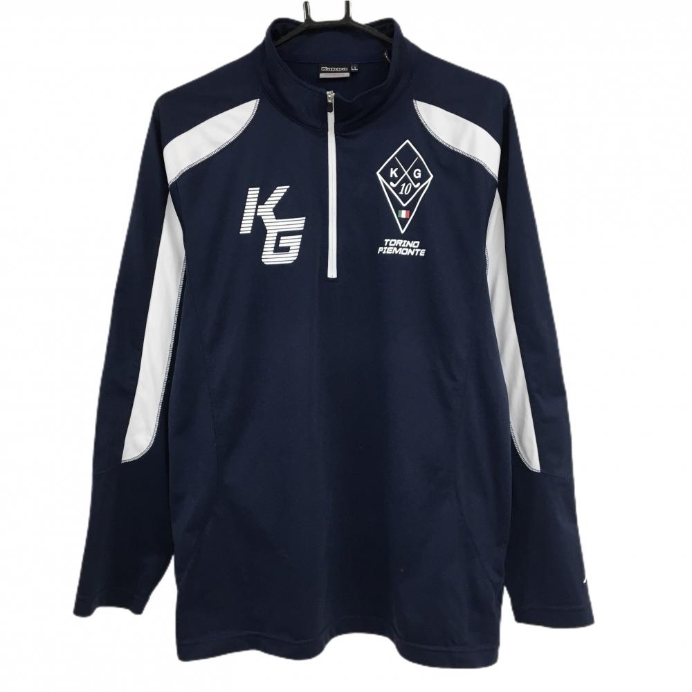【美品】カッパ 長袖ハイネックシャツ ネイビー×白ハーフジップ 袖ロゴプリント  メンズ LL ゴルフウェア Kappa