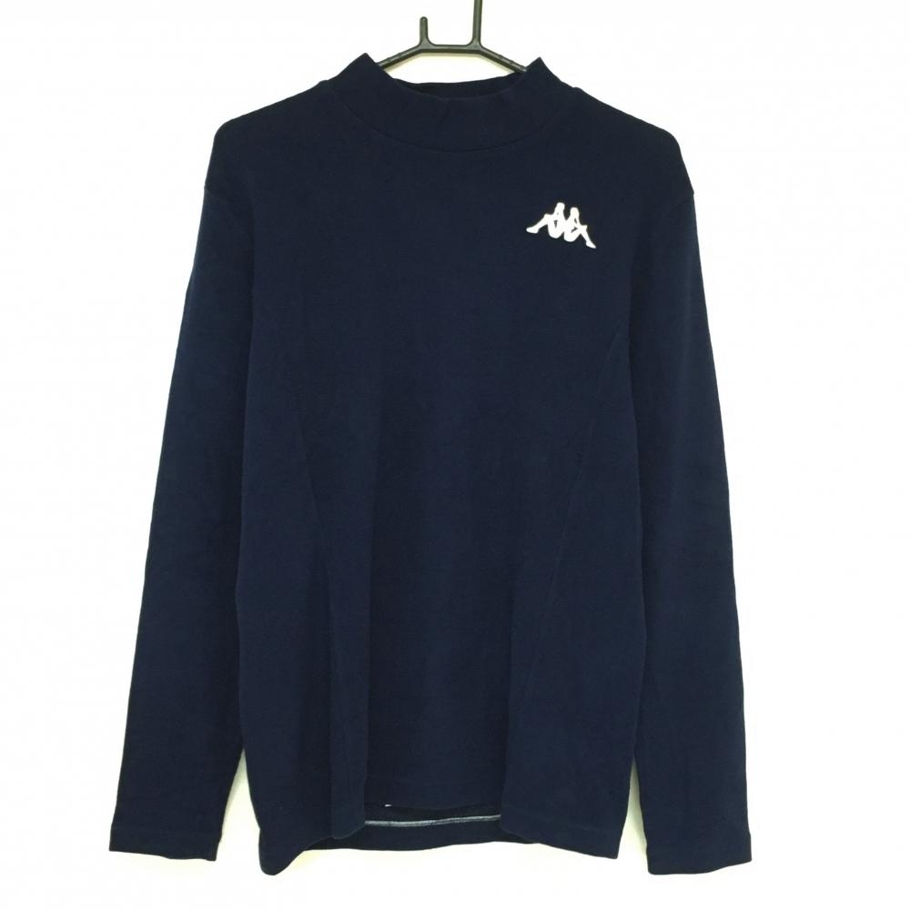 【美品】カッパ 長袖ハイネックシャツ ネイビー 表微起毛 アクリル混 ロゴ白  メンズ O(XL) ゴルフウェア Kappa