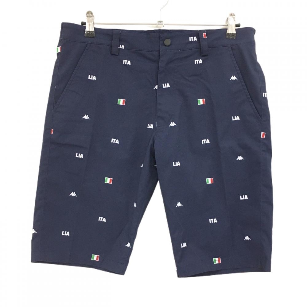 【美品】カッパ ハーフパンツ ネイビー×白 ロゴ総柄 イタリア国旗総柄 メンズ L ゴルフウェア Kappa