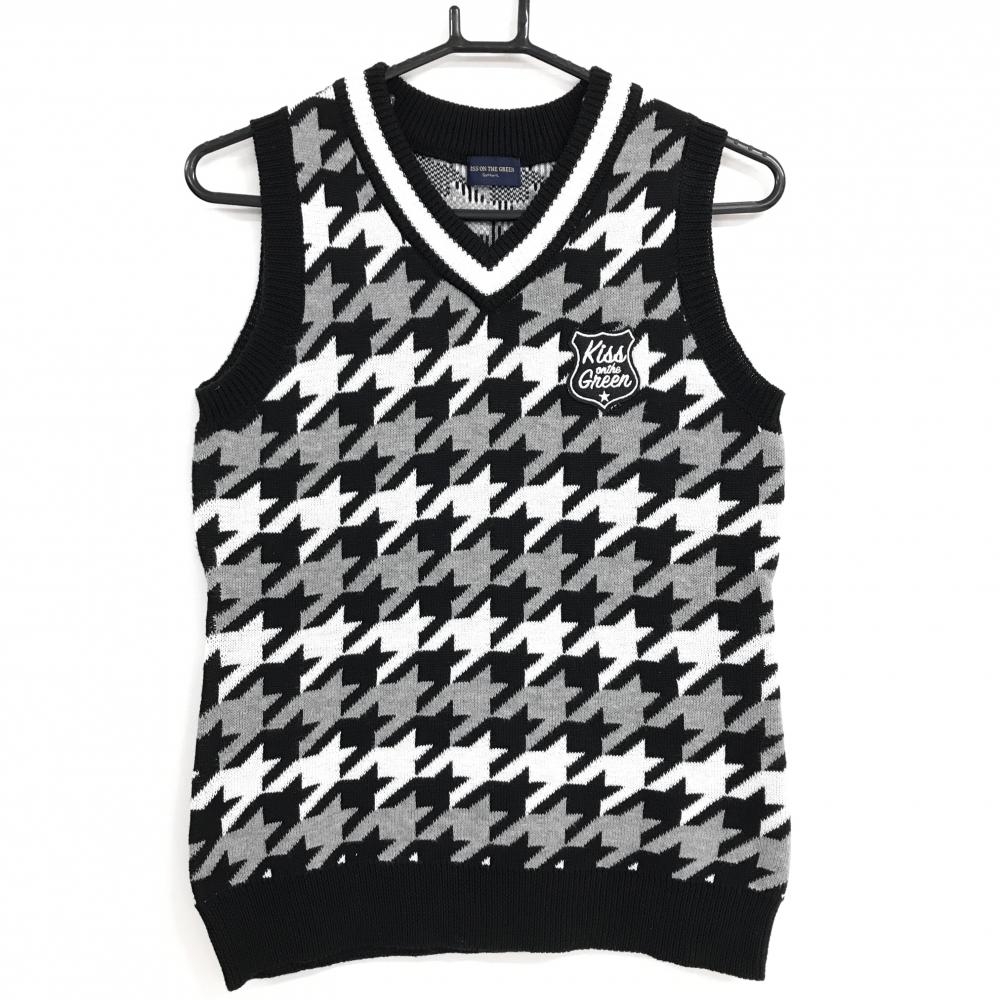 【超美品】キスオンザグリーン ニットベスト 黒×白 千鳥格子 コットン混 メンズ 2(M) ゴルフウェア kiss on the green