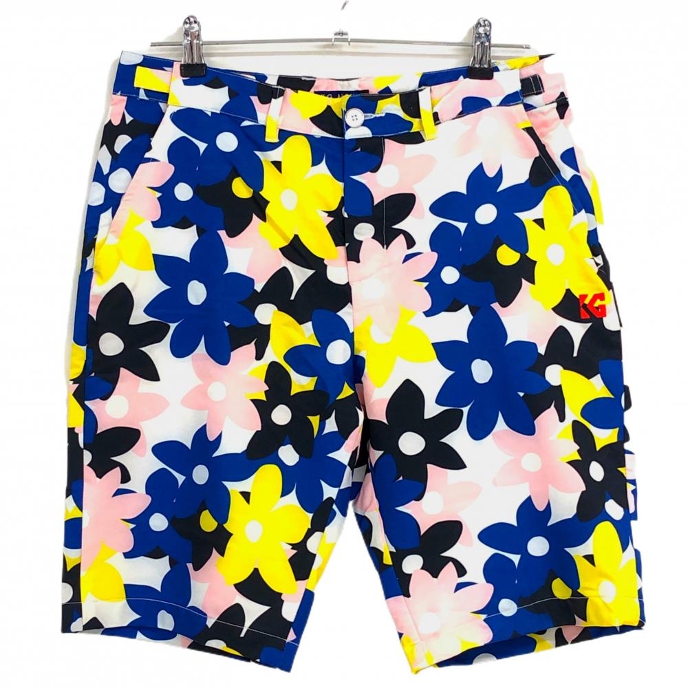 【超美品】ケージーアレックス ハーフパンツ ブルー×ピンク×イエロー 花柄 メンズ L ゴルフウェア kiss on the green