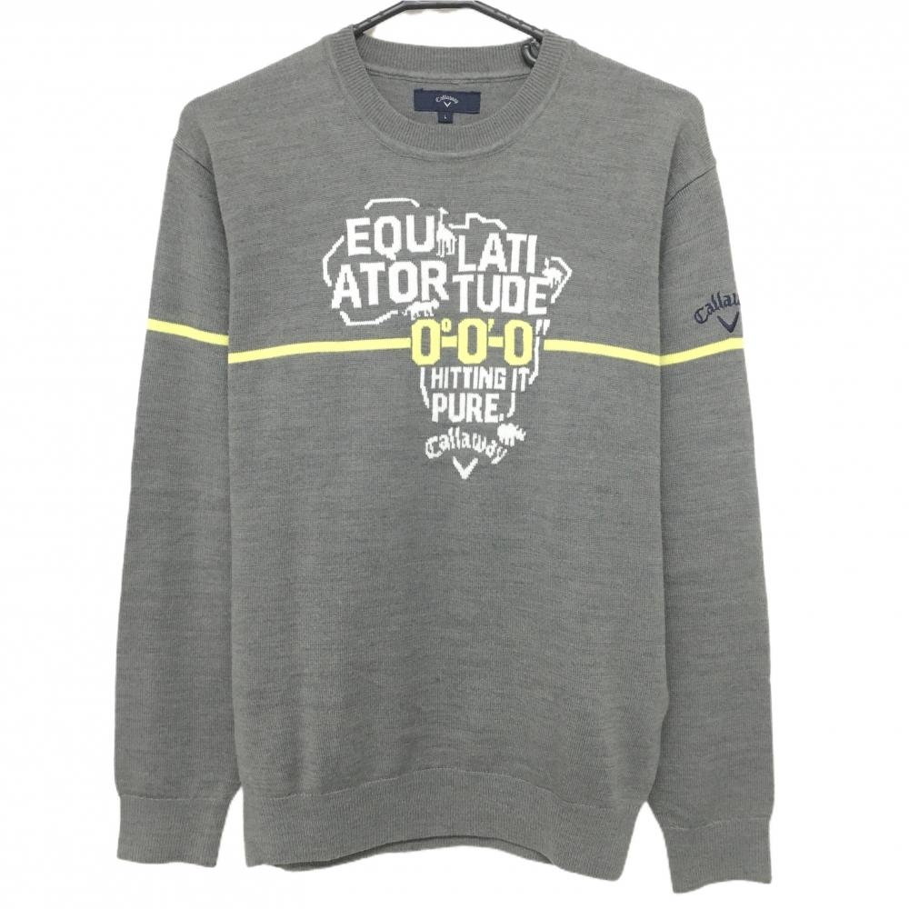 【美品】キャロウェイ セーター グレー×白×イエロー 胸元ビッグロゴ ウール混 メンズ L ゴルフウェア Callaway