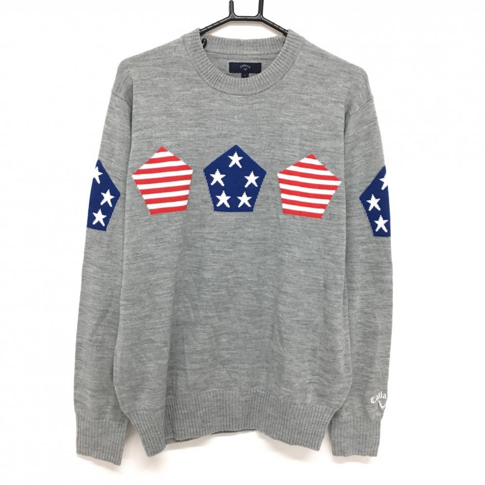 【超美品】キャロウェイ セーター グレー×ブルー×レッド 星・ボーダー ニット メンズ LL ゴルフウェア Callaway